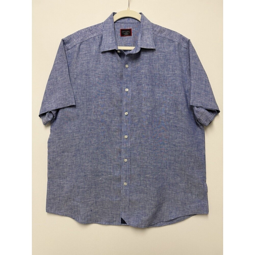 UNTUCKit Shirt Mens Large Blue Short Sleeve 100% Linen Wrinkle Resistant 40878